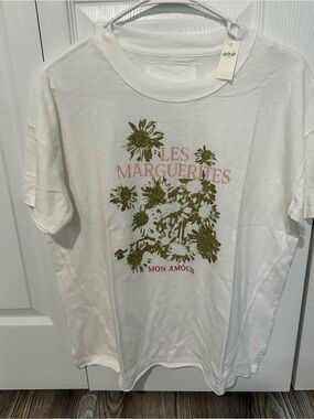 aerie White Tee with Olive Green Floral & Pink Script